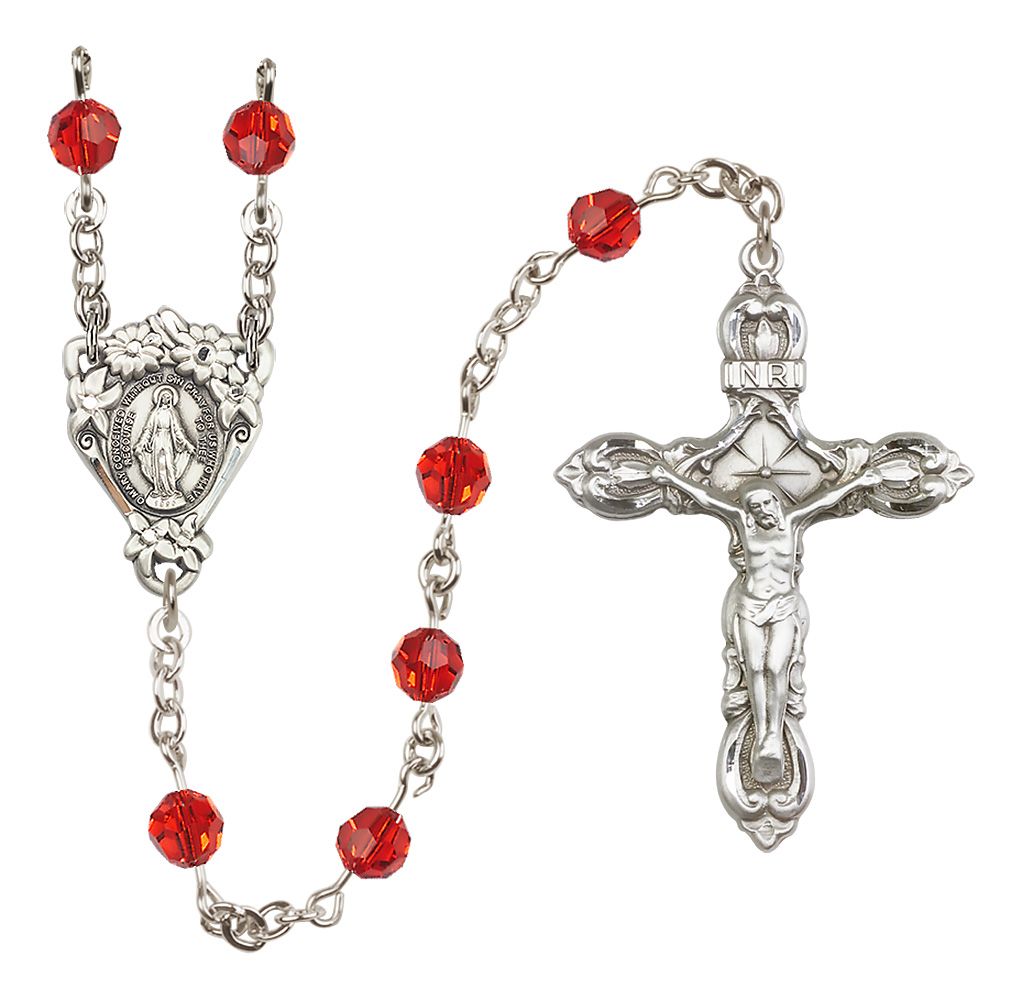 Sterling Silver Floral Miraculous Medal Rosary with 6 mm Austrian Crystal Beads