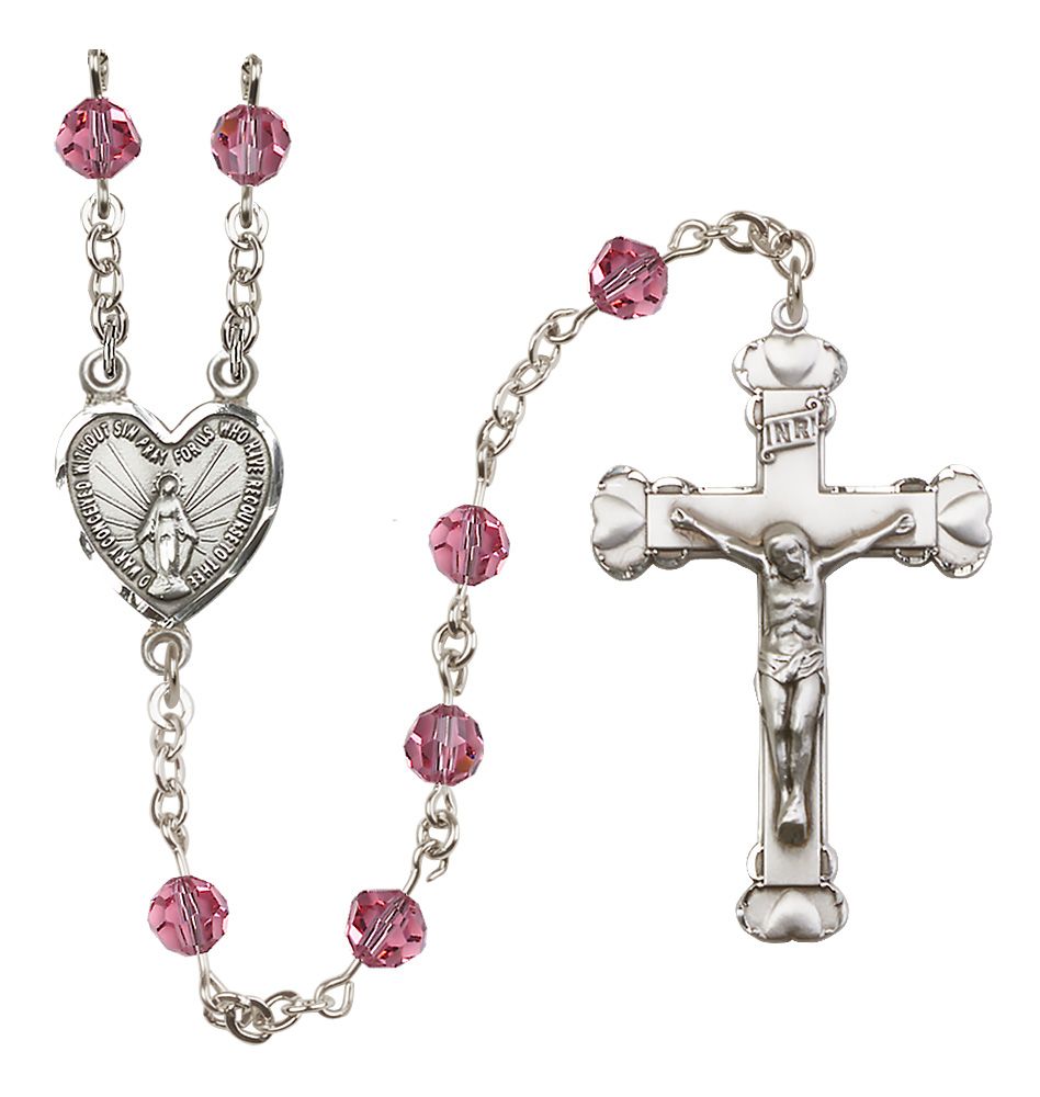 Sterling Silver Heart Miraculous Medal Rosary with 6 mm Austrian Crystal Beads