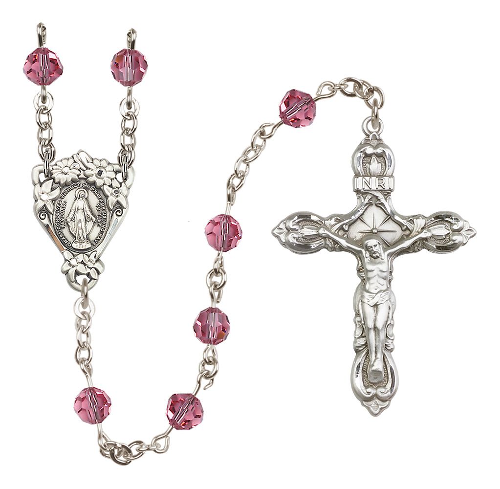 Sterling Silver Floral Miraculous Medal Rosary with 6 mm Austrian Crystal Beads