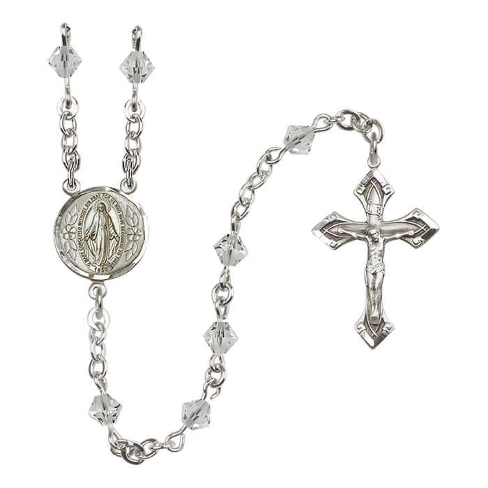 Sterling Silver Rosary 5 mm Crystal Beads Round Miraculous Medal Center