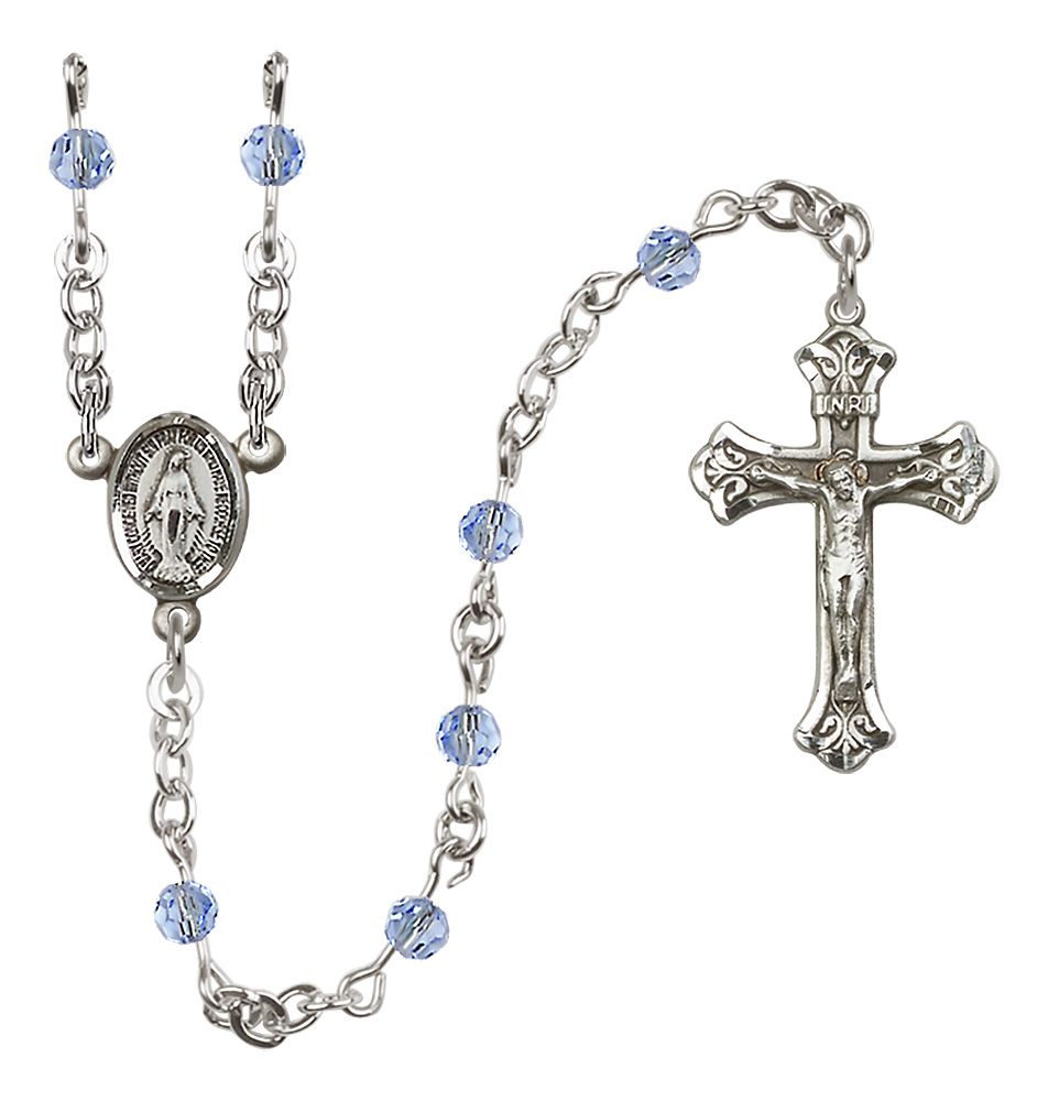 Miraculous Medal Birthstone Rosary, Sterling Silver & 4mm Crystal Beads