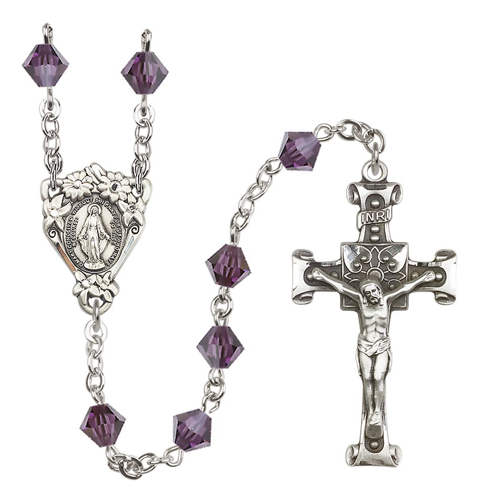 Sterling Silver Floral Miraculous Medal Rosary with 6mm Austrian Crystal