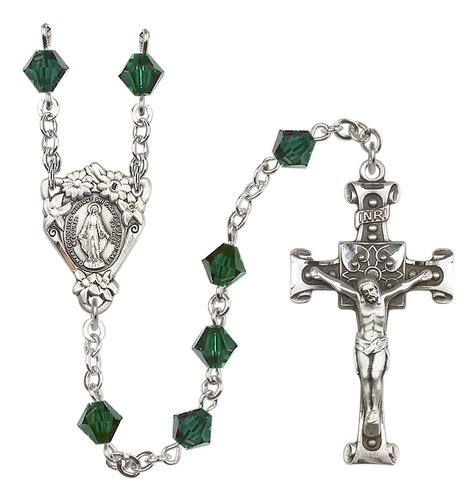 Sterling Silver Floral Miraculous Medal Rosary with 6mm Austrian Crystal