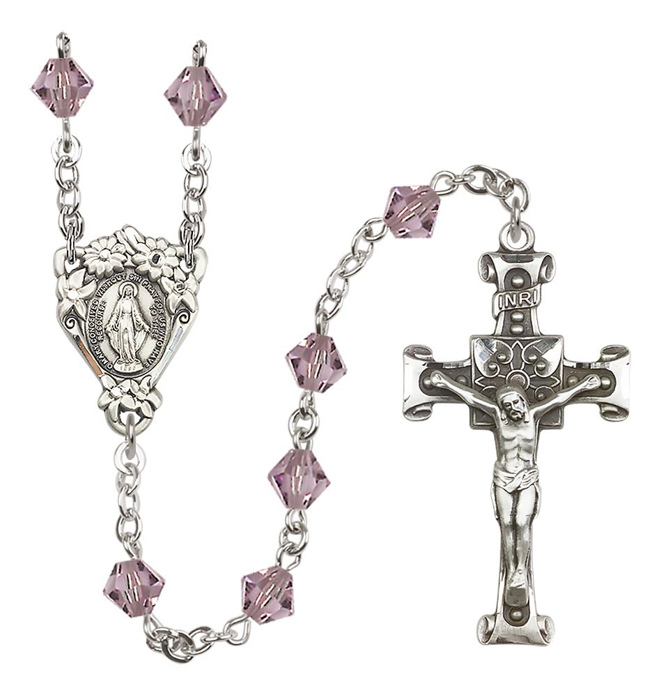 Sterling Silver Floral Miraculous Medal Rosary with 6mm Austrian Crystal