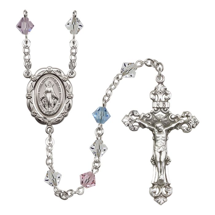 Sterling Silver Miraculous Medal Rosary with 6mm Austrian Crystal Beads
