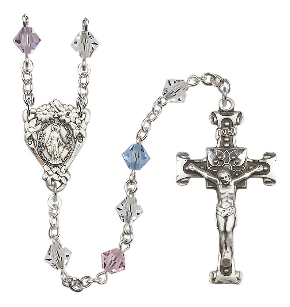 Sterling Silver Floral Miraculous Medal Rosary with 6mm Austrian Crystal