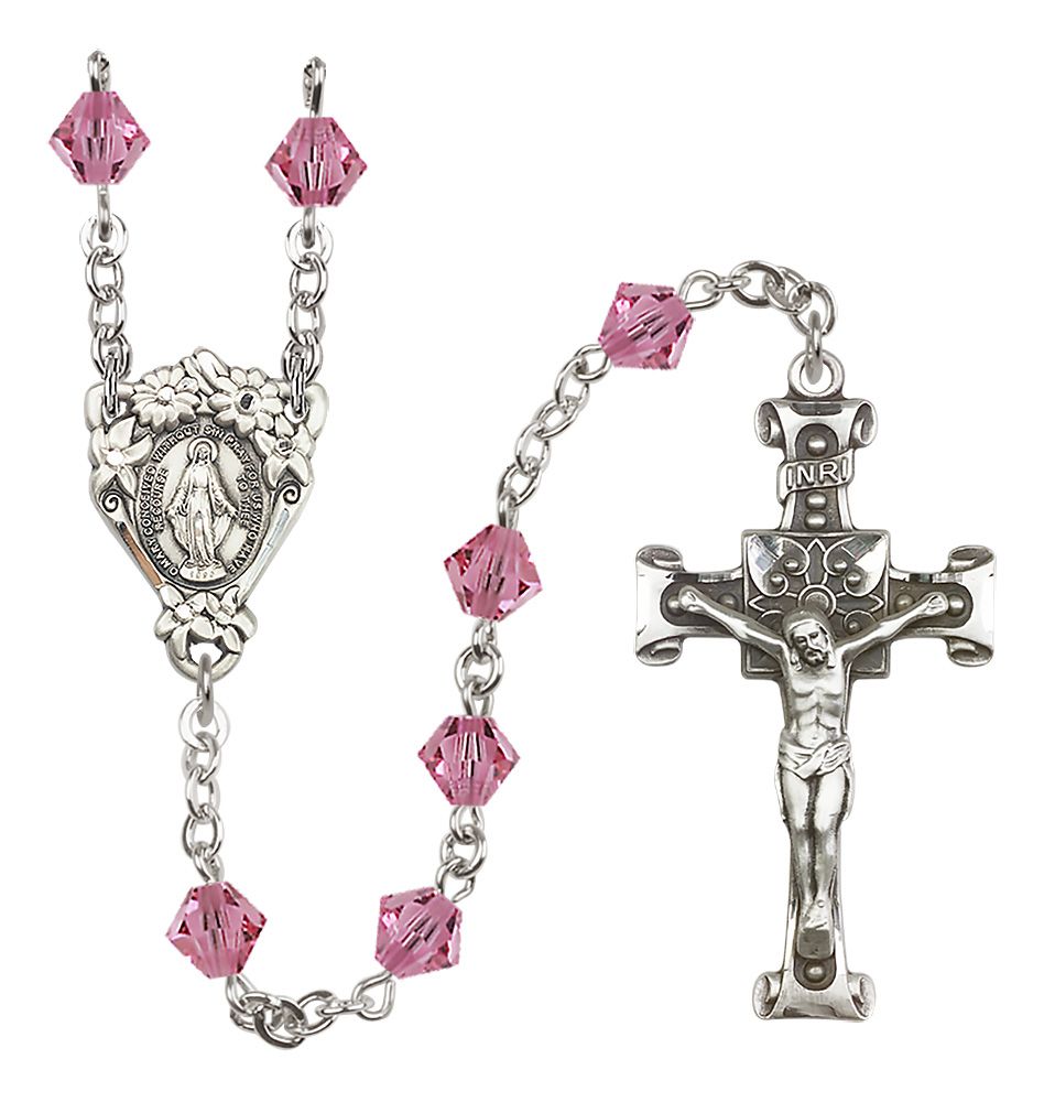 Sterling Silver Floral Miraculous Medal Rosary with 6mm Austrian Crystal