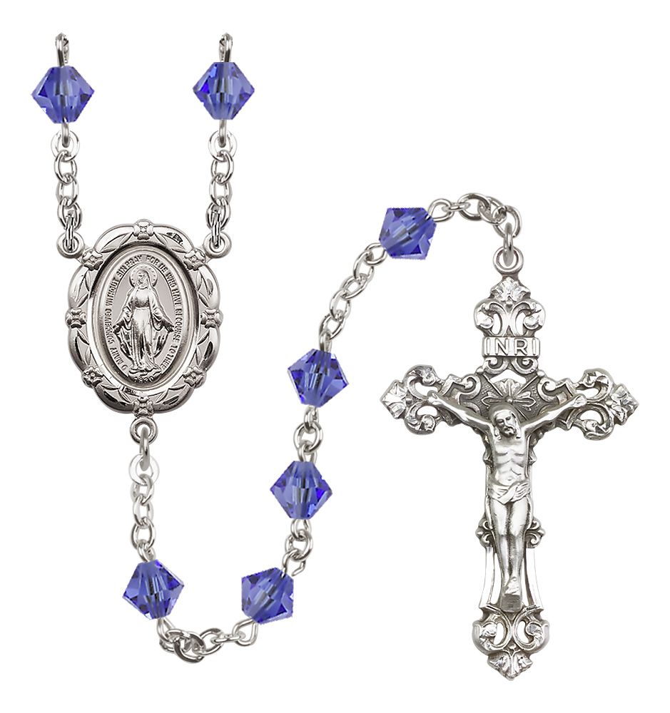 Sterling Silver Miraculous Medal Rosary with 6mm Austrian Crystal Beads