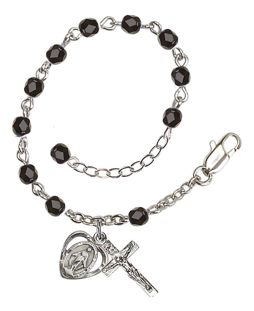 4mm Fire Polished Miraculous Heart Rosary Bracelet - Silver Plate - Black