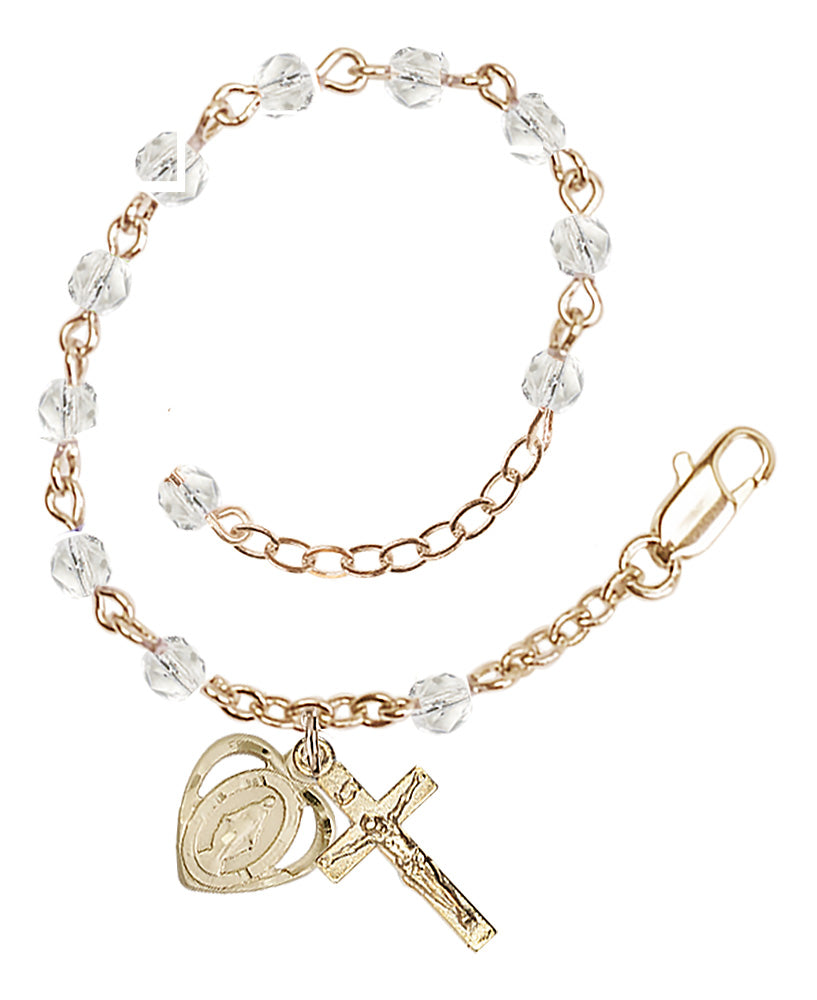 4mm Fire Polished Miraculous Heart Rosary Bracelet - Gold Plate - April - Crystal