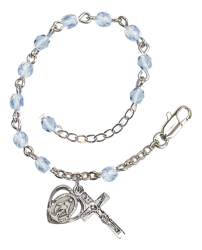 4mm Fire Polished Miraculous Heart Rosary Bracelet - Silver Plate - Light Sapphire