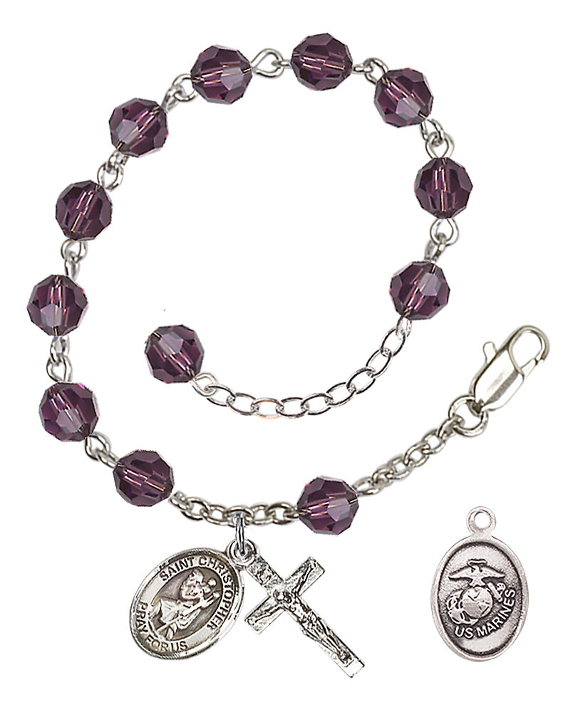 Saint Christopher Marines Rosary Bracelet, 6mm Austrian Crystal - Silver Plate - Amethyst