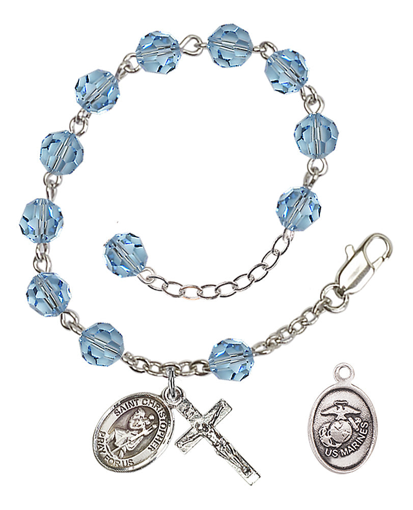 Saint Christopher Marines Rosary Bracelet, 6mm Austrian Crystal - Silver Plate - Aqua