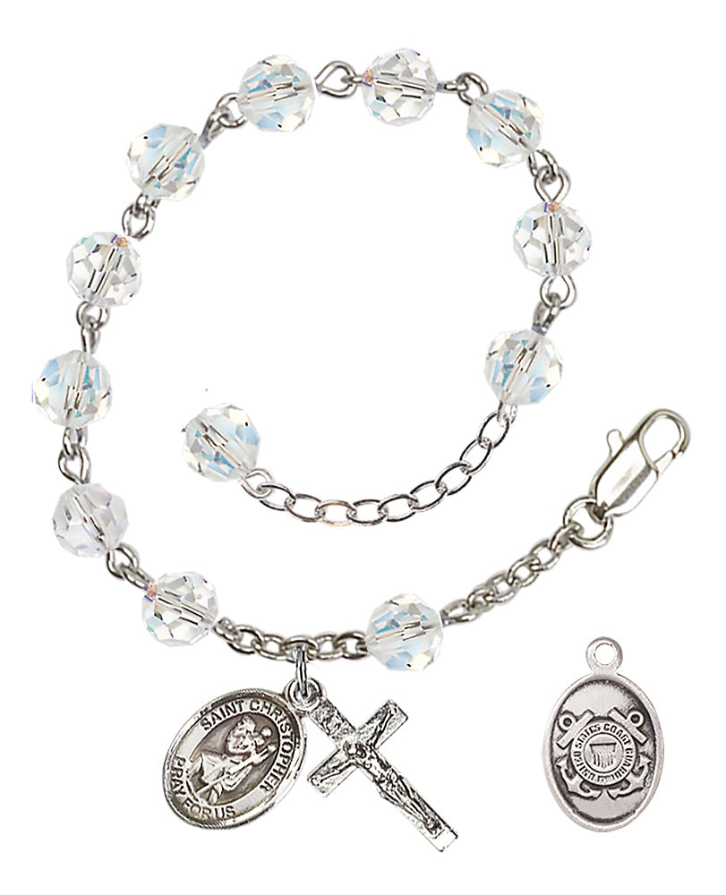 Saint Christopher Coast Guard Rosary Bracelet, 6mm Austrian Crystal - Silver Plate - Crystal