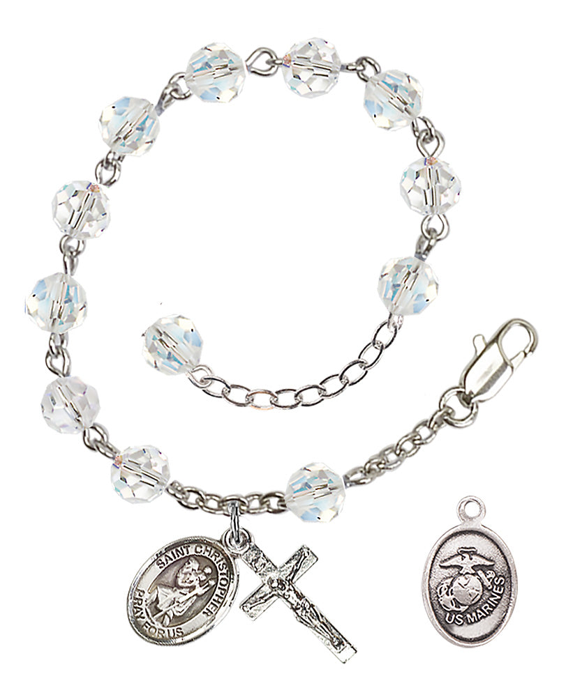 Saint Christopher Marines Rosary Bracelet, 6mm Austrian Crystal - Silver Plate - Crystal