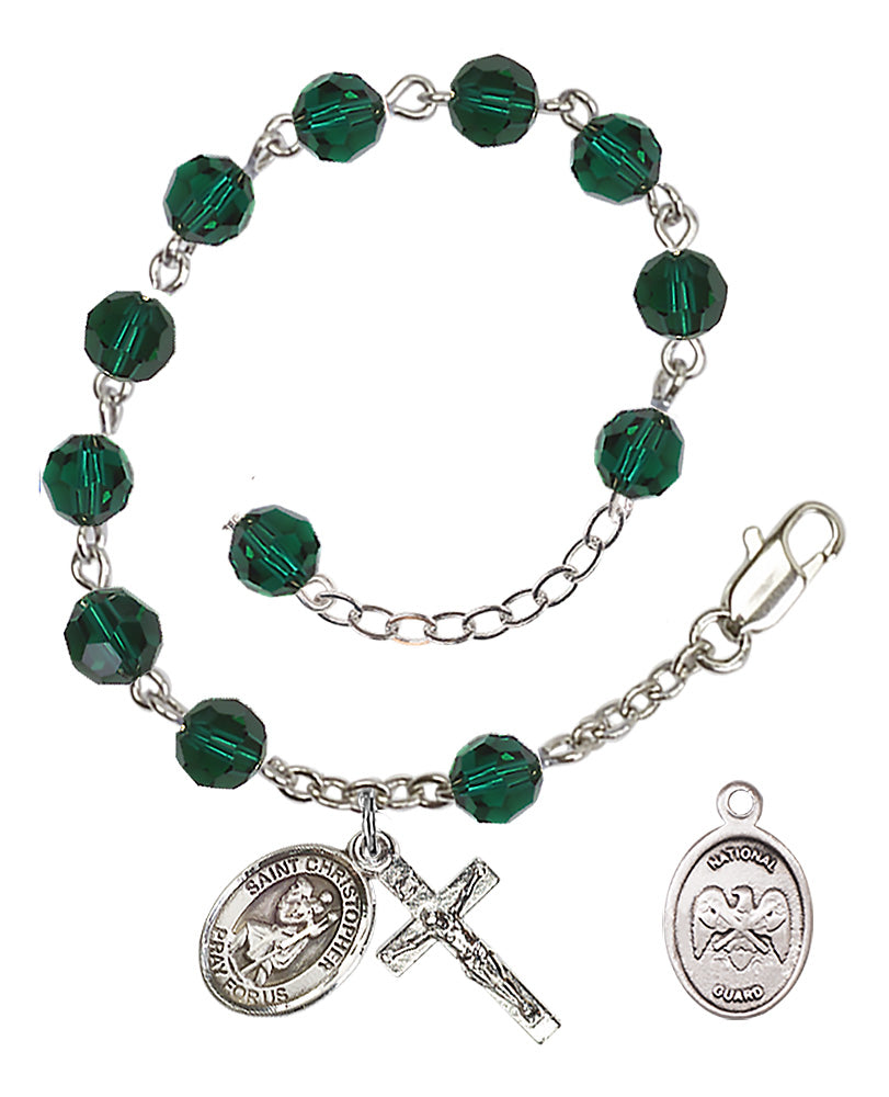 Saint Christopher National Guard Rosary Bracelet, 6mm Austrian Crystal - Silver Plate - Emerald
