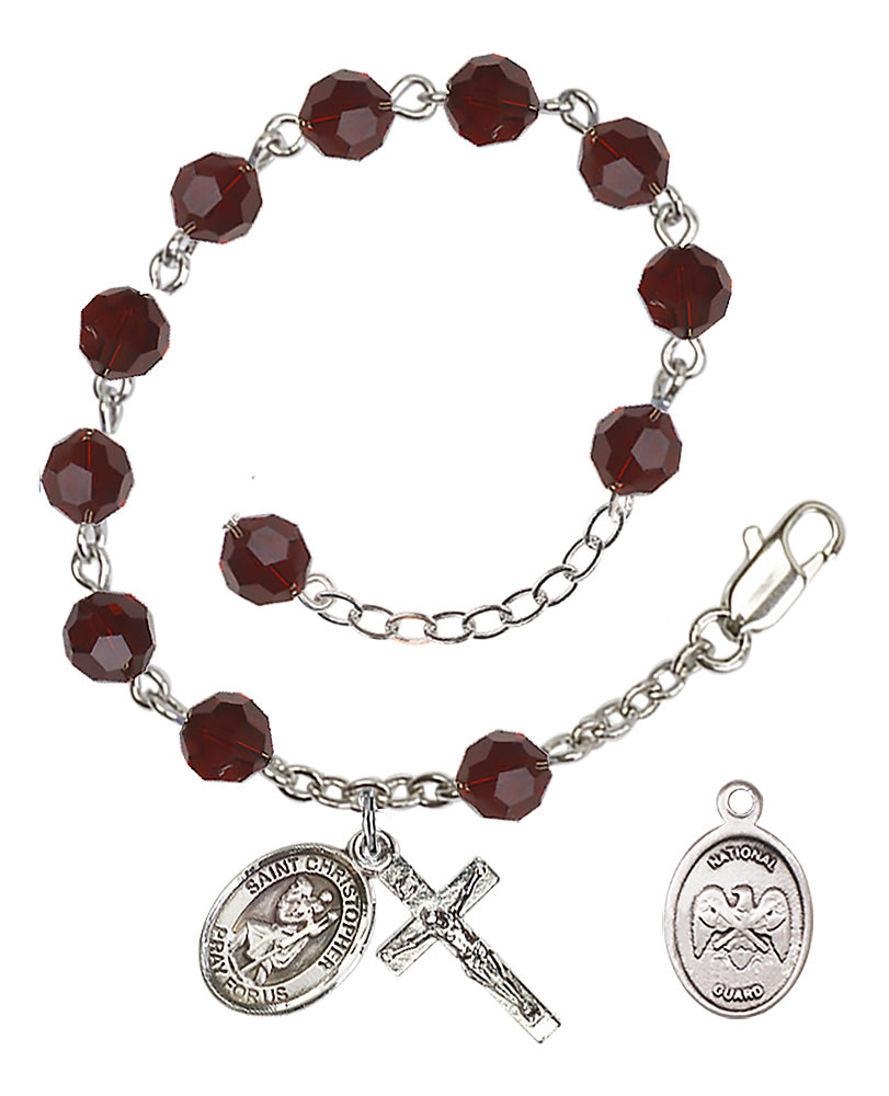 Saint Christopher National Guard Rosary Bracelet, 6mm Austrian Crystal - Silver Plate - Garnet