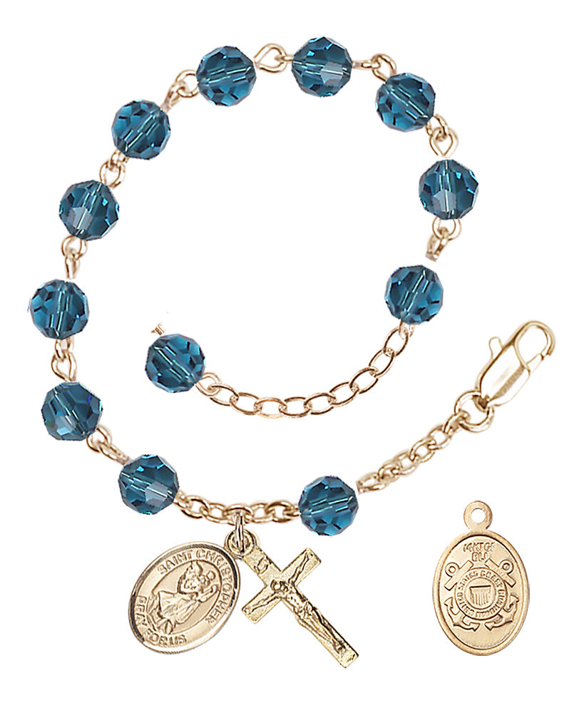 Saint Christopher Coast Guard Rosary Bracelet, 6mm Austrian Crystal - Gold Plate - Indocolite