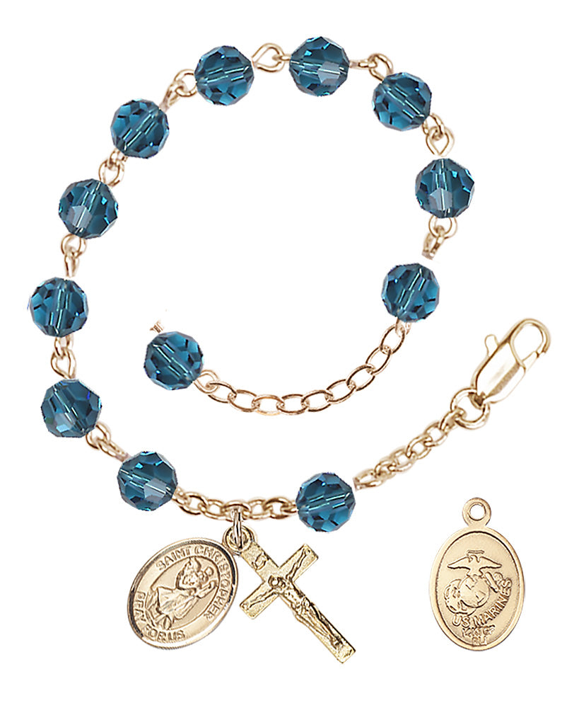 Saint Christopher Marines Rosary Bracelet, 6mm Austrian Crystal - Gold Plate - Indocolite