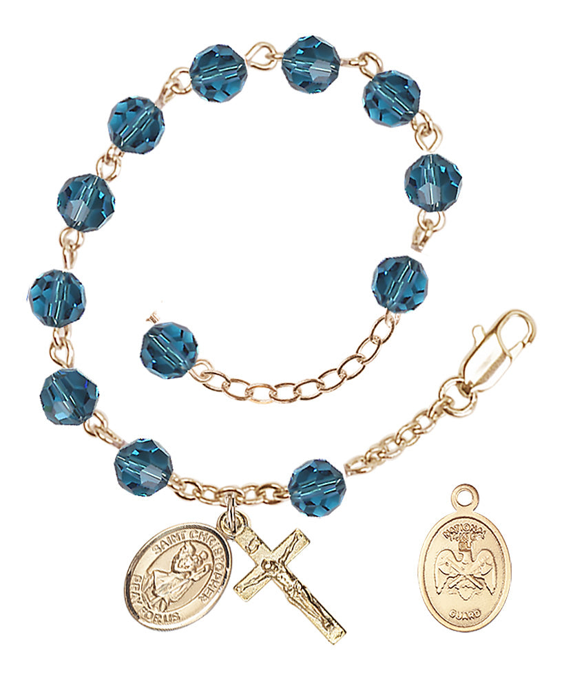 Saint Christopher National Guard Rosary Bracelet, 6mm Austrian Crystal - Gold Plate - Indocolite