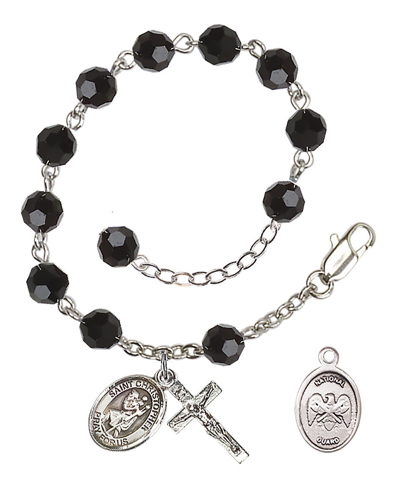 Saint Christopher National Guard Rosary Bracelet, 6mm Austrian Crystal - Silver Plate - Jet