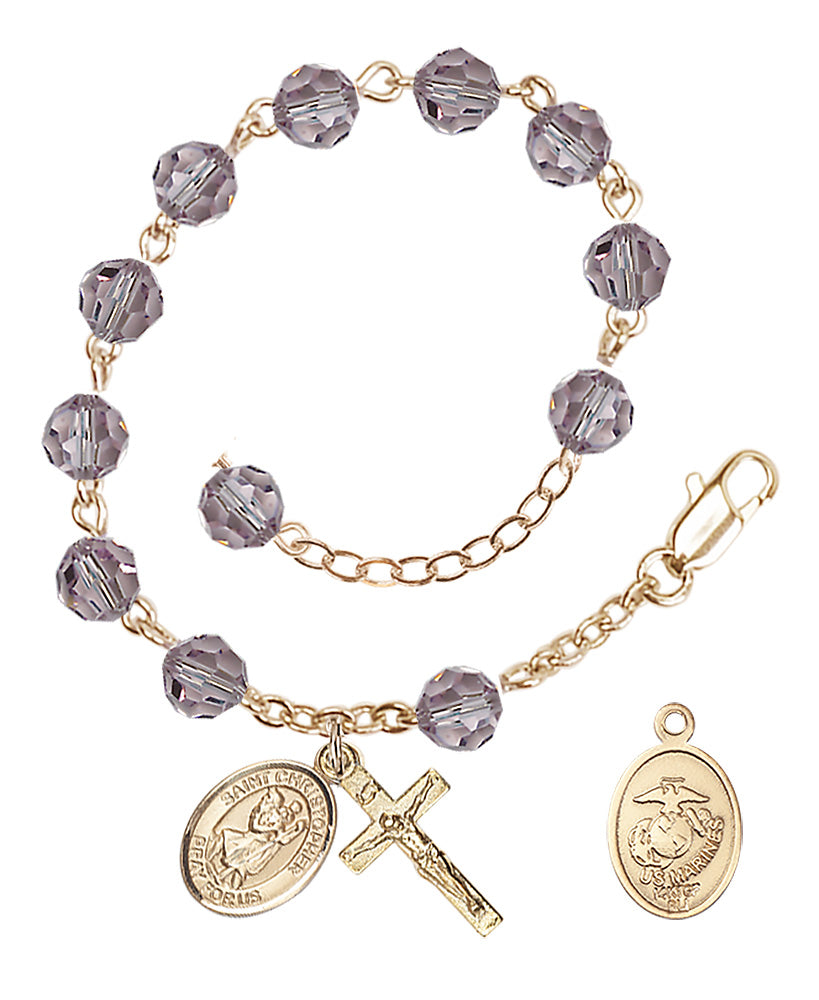 Saint Christopher Marines Rosary Bracelet, 6mm Austrian Crystal - Gold Plate - Light Amethyst