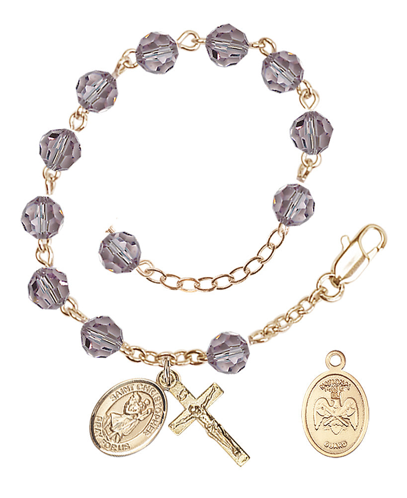 Saint Christopher National Guard Rosary Bracelet, 6mm Austrian Crystal - Gold Plate - Light Amethyst