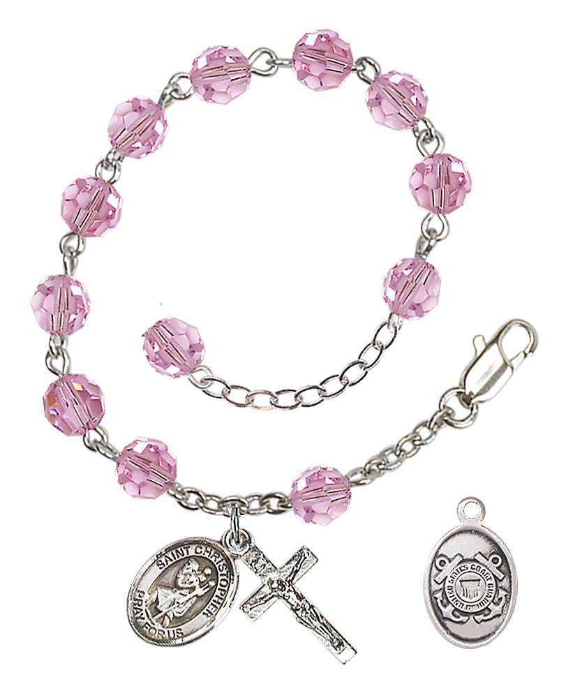 Saint Christopher Coast Guard Rosary Bracelet, 6mm Austrian Crystal - Silver Plate - Light Rose
