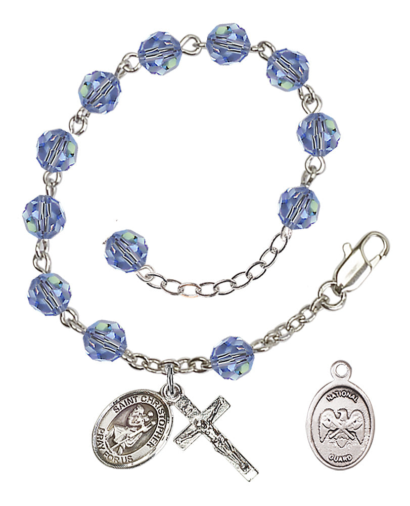 Saint Christopher National Guard Rosary Bracelet, 6mm Austrian Crystal - Silver Plate - Light Sapphire