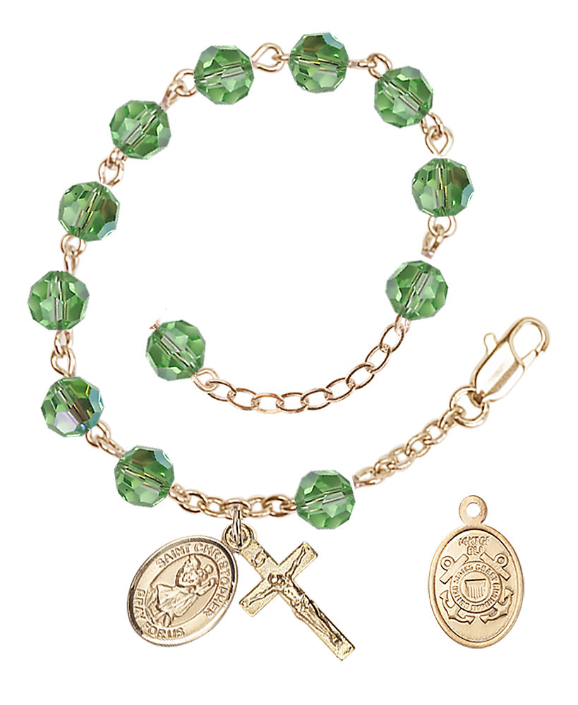 Saint Christopher Coast Guard Rosary Bracelet, 6mm Austrian Crystal - Gold Plate - Peridot