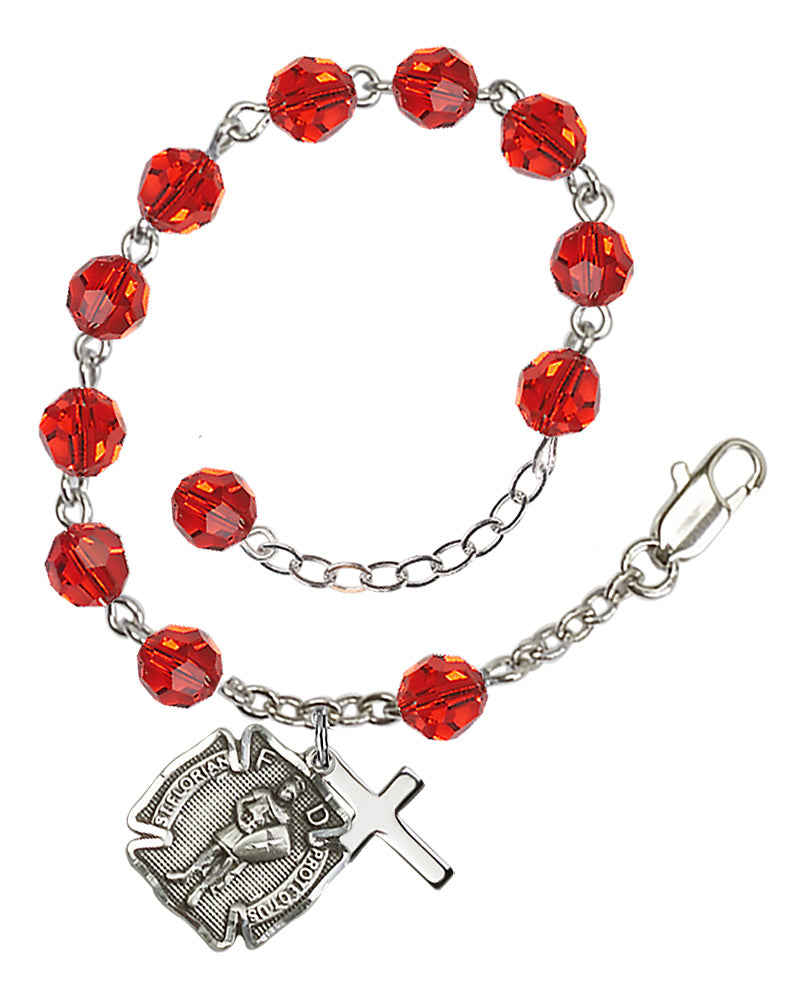 Saint Florian Rosary Bracelet - Silver Plate - July - Ruby