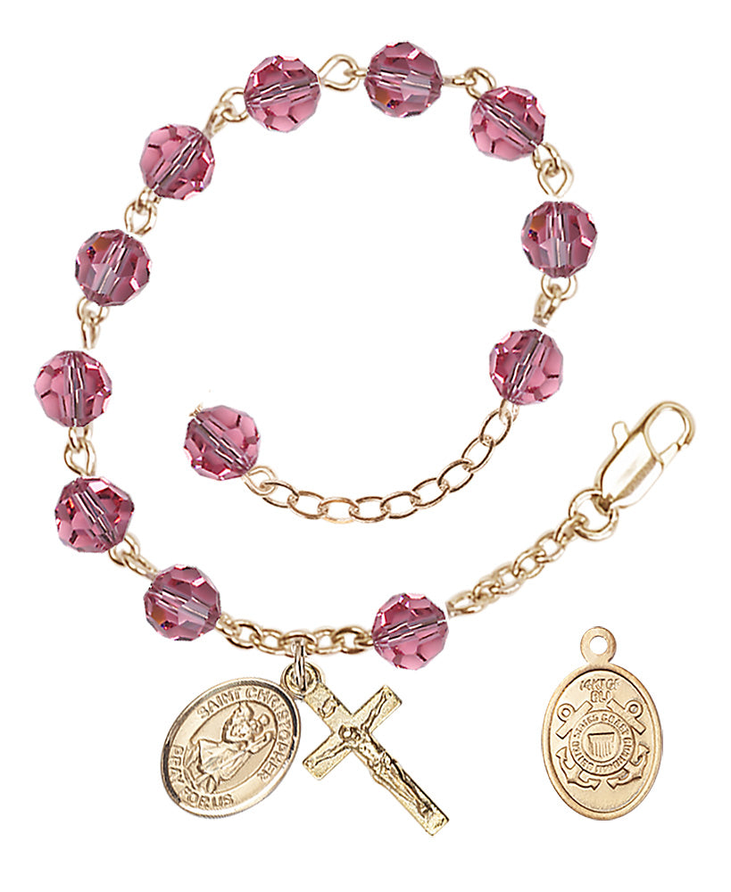 Saint Christopher Coast Guard Rosary Bracelet, 6mm Austrian Crystal - Gold Plate - Rose