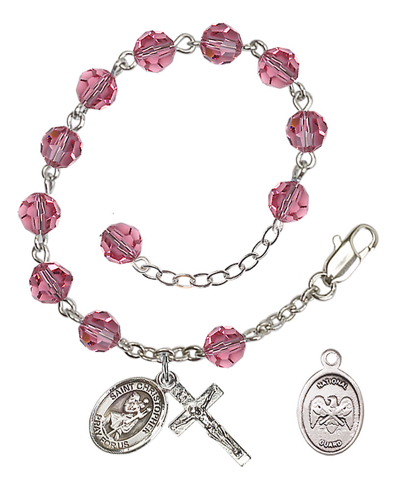 Saint Christopher National Guard Rosary Bracelet, 6mm Austrian Crystal - Silver Plate - Rose