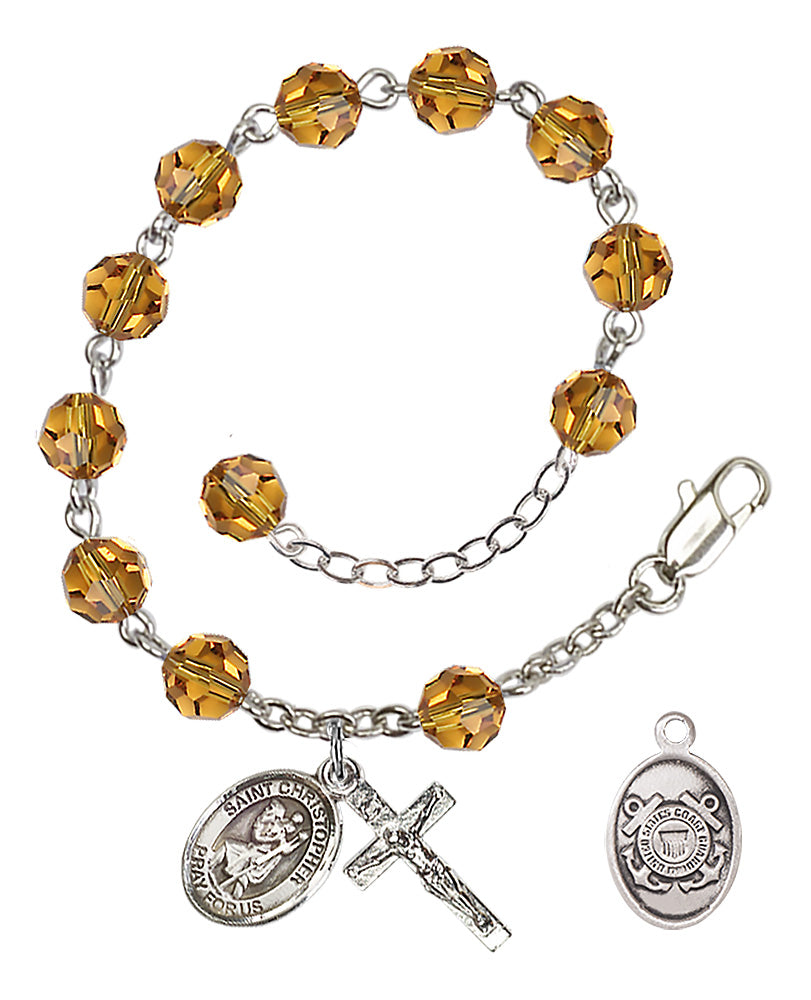 Saint Christopher Coast Guard Rosary Bracelet, 6mm Austrian Crystal - Silver Plate - Topaz