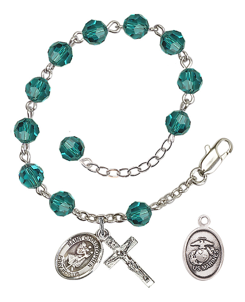 Saint Christopher Marines Rosary Bracelet, 6mm Austrian Crystal - Silver Plate - Zircon