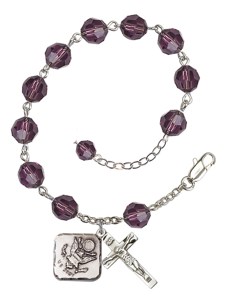 Army Diamond Rosary Bracelet, 8mm Austrian Crystal - Silver Plate - Amethyst