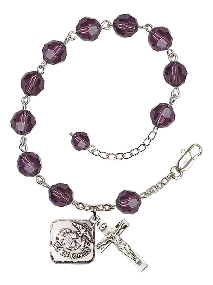 Marines Diamond Rosary Bracelet, 8mm Austrian Crystal - Silver Plate - Amethyst