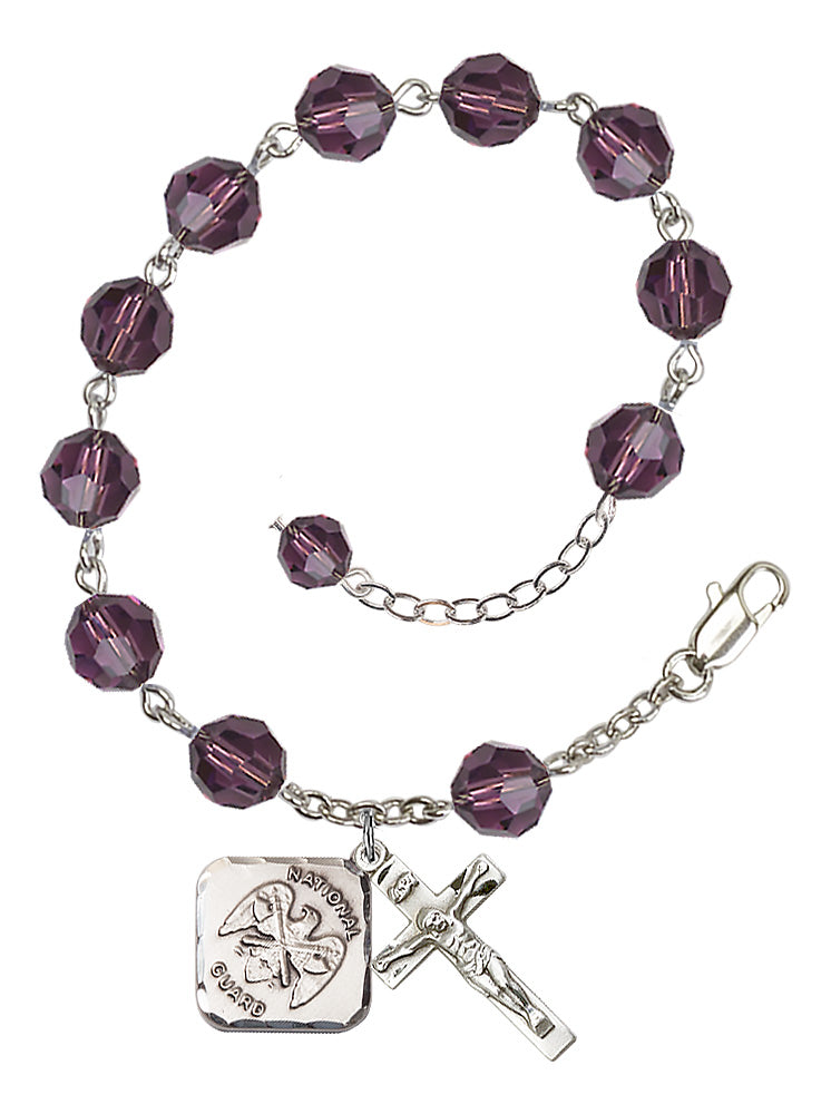 National Guard Diamond Rosary Bracelet, 8mm Austrian Crystal - Silver Plate - Amethyst