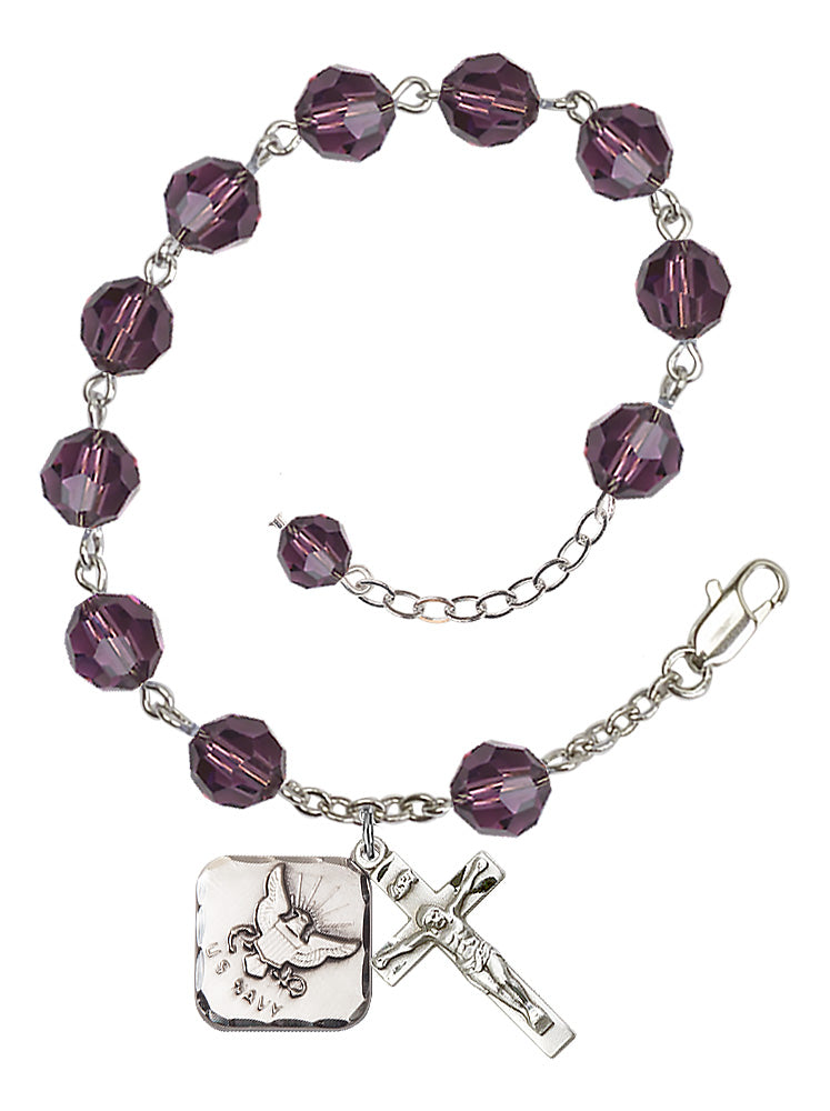 Navy Diamond Rosary Bracelet, 8mm Austrian Crystal - Silver Plate - Amethyst