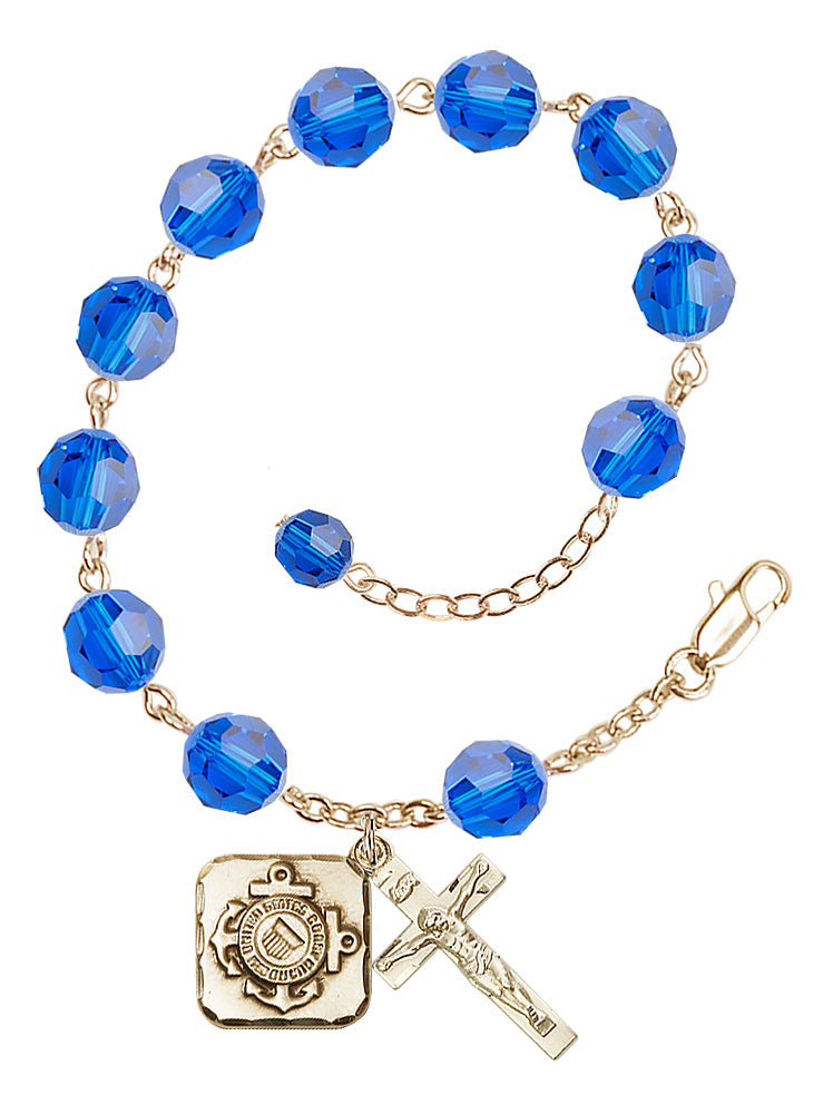 Coast Guard Diamond Rosary Bracelet, 8mm Austrian Crystal - Gold Plate - Capri Blue