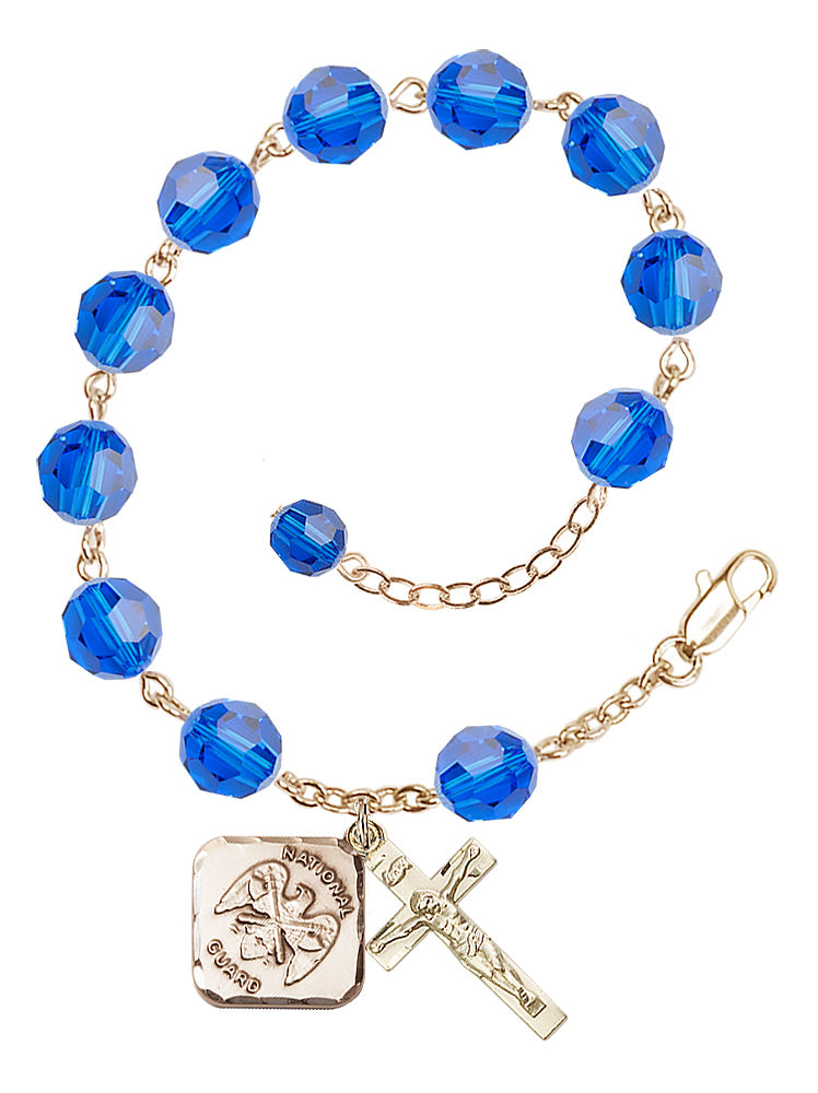 National Guard Diamond Rosary Bracelet, 8mm Austrian Crystal - Gold Plate - Capri Blue