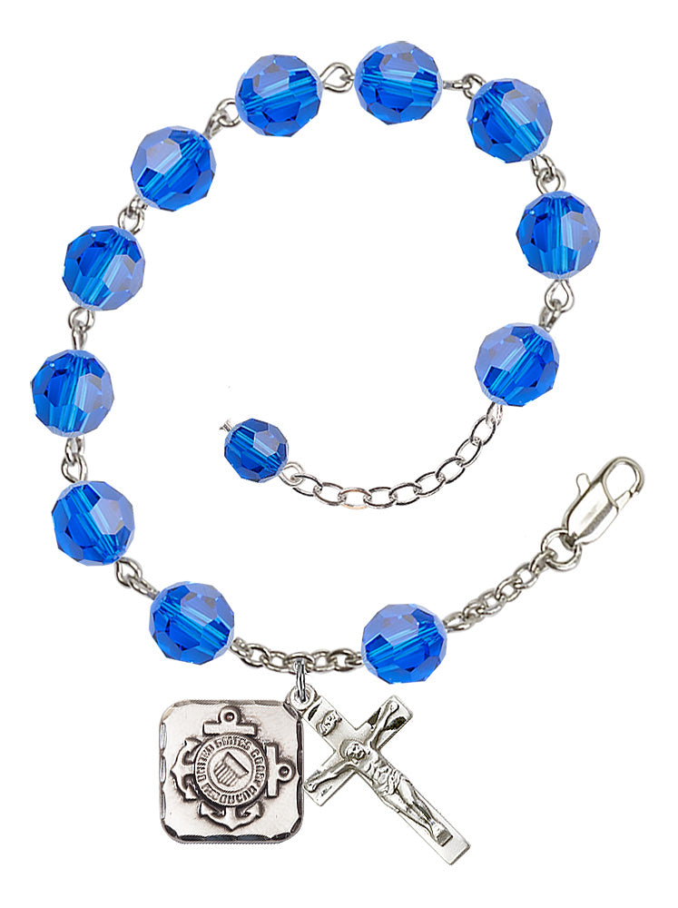Coast Guard Diamond Rosary Bracelet, 8mm Austrian Crystal - Silver Plate - Capri Blue