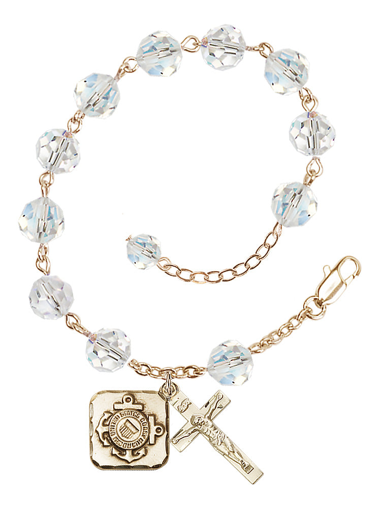 Coast Guard Diamond Rosary Bracelet, 8mm Austrian Crystal - Gold Plate - Crystal