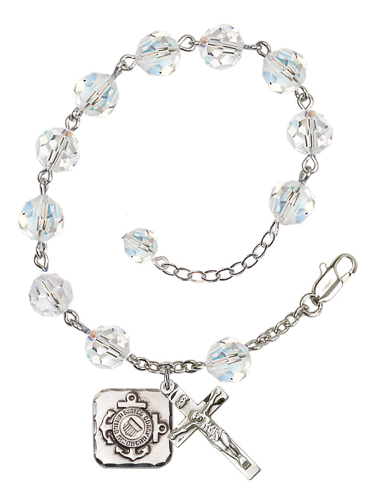 Coast Guard Diamond Rosary Bracelet, 8mm Austrian Crystal - Silver Plate - Crystal