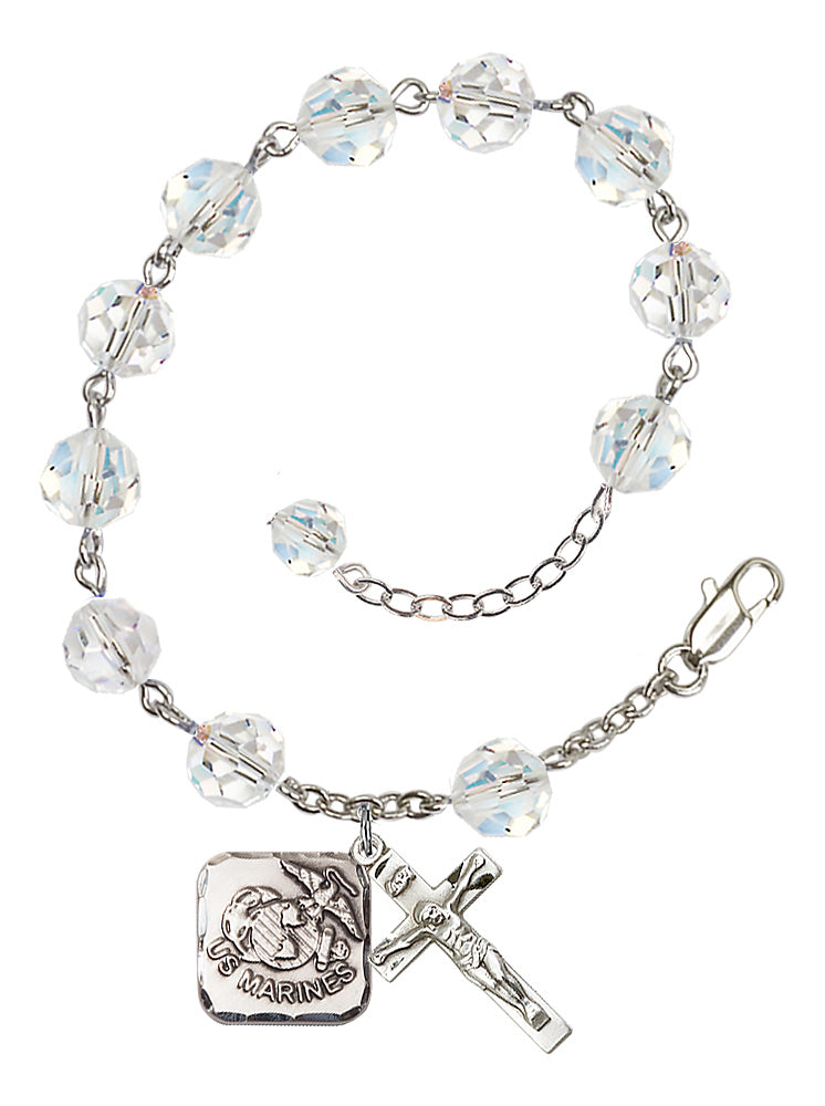 Marines Diamond Rosary Bracelet, 8mm Austrian Crystal - Silver Plate - Crystal