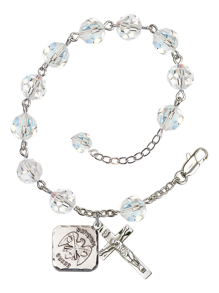 National Guard Diamond Rosary Bracelet, 8mm Austrian Crystal - Silver Plate - Crystal