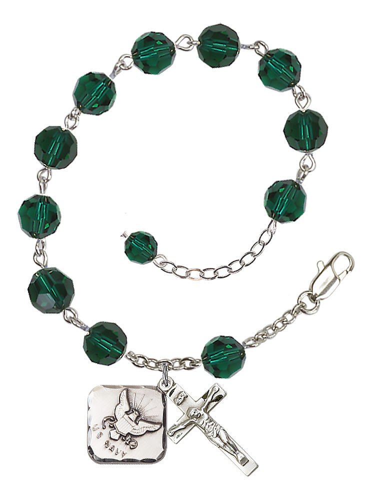 Navy Diamond Rosary Bracelet, 8mm Austrian Crystal - Silver Plate - Emerald