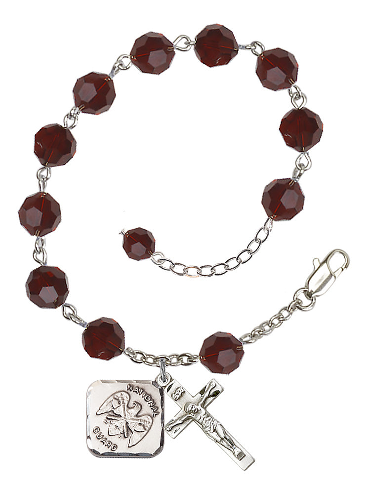 National Guard Diamond Rosary Bracelet, 8mm Austrian Crystal - Silver Plate - Garnet