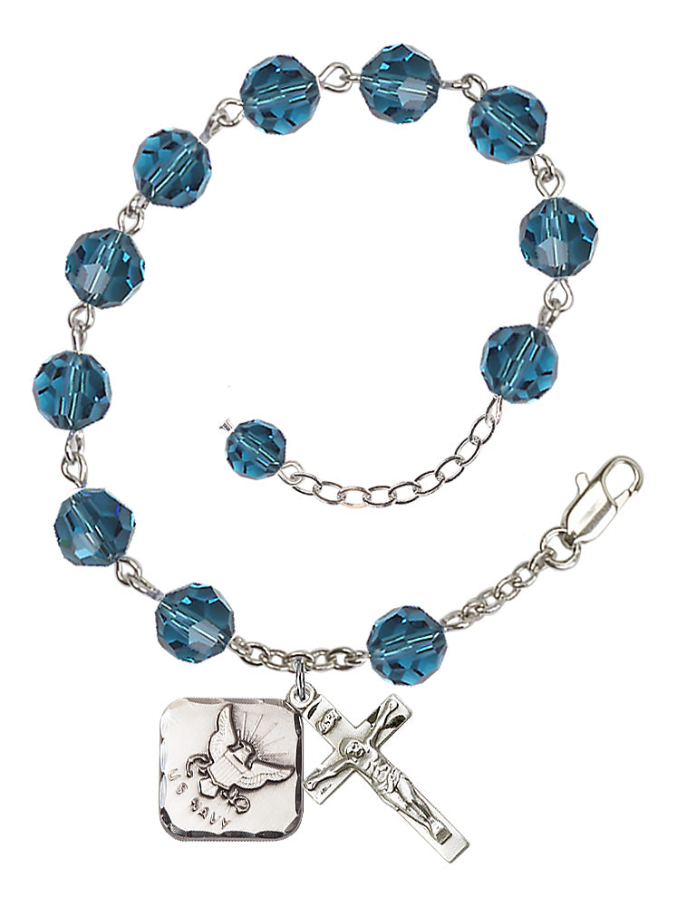 Navy Diamond Rosary Bracelet, 8mm Austrian Crystal - Silver Plate - Indocolite