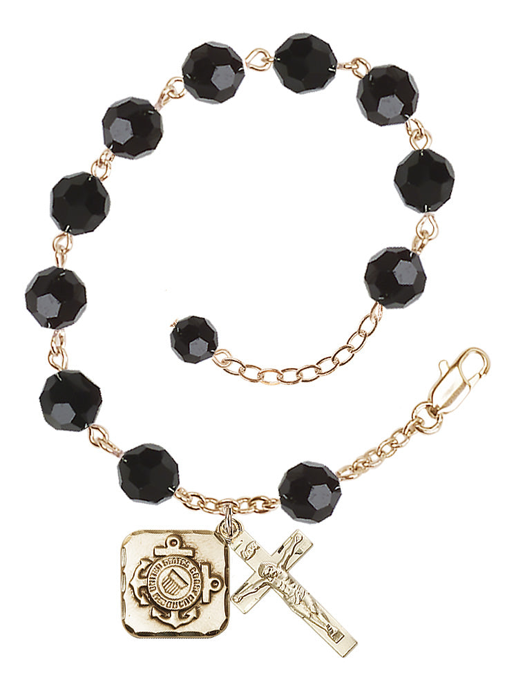 Coast Guard Diamond Rosary Bracelet, 8mm Austrian Crystal - Gold Plate - Jet